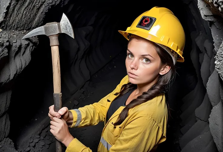 (professional detailed raw photography), 22-years-old [female|woman] work in coal mine with pickaxe, [nice|pretty] square face, twin drills hair,  yellow hard hat