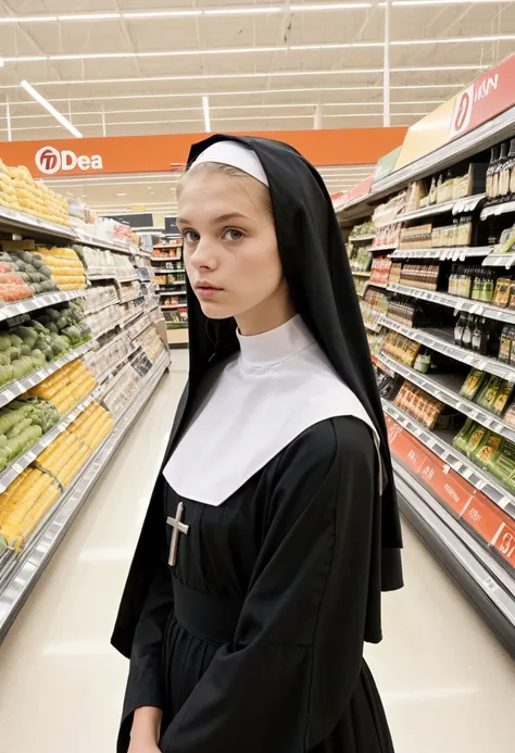 (professional detailed raw photography), 22-years-old nun in supermarket, half turn view,round face, blowout hair, flat chest