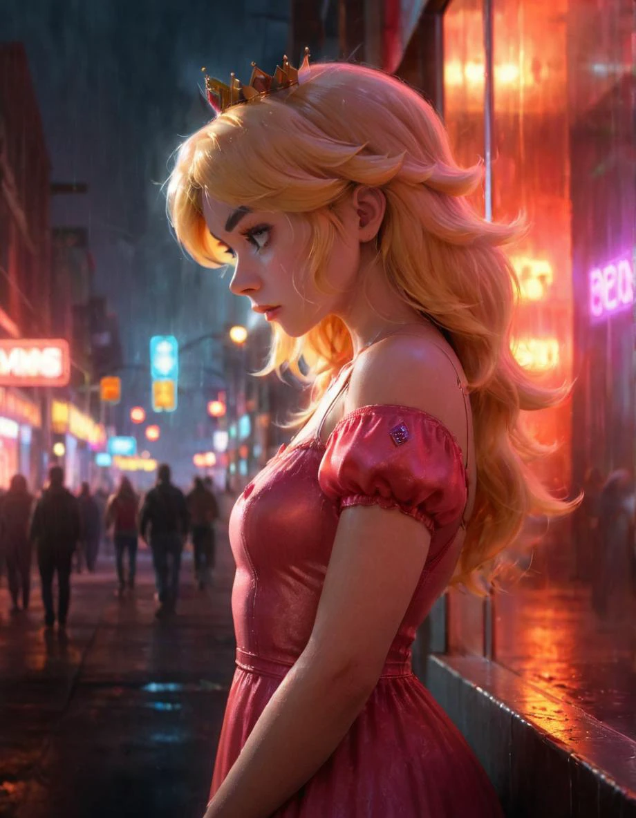 cinematic film still, cute princess peach standing behind a glass. Neon lights, possibly from a cityscape or urban setting, are superimposed on the image, casting a red hue and adding to the ambiance. The background is blurred but suggests an urban environment with reflections and lights. moody and atmospheric tone. The individual's face is partially obscured by what appears to be a smoky or misty effect. princess peach is sad, head slightly tilted. In Casey Baugh's evocative style <lora:Into_Darkness:0.4> <lora:Mario1024:0.8> crown, looking at viewer