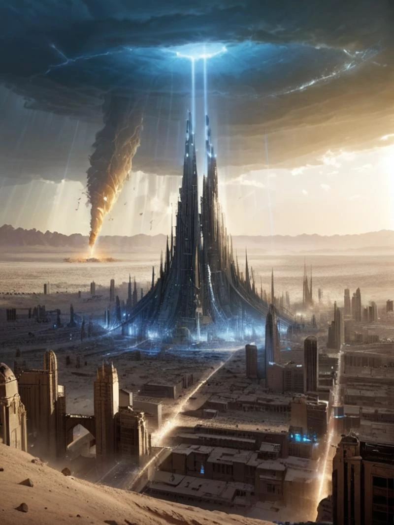 Photo-realistic high resolution photography of <lora:Hive_City_XL:0.8> a bright ray of blue light shun from the sky into the center of a massive hive city in the desert, massive expoisions, shock waves, disintegrating buildings, bokeh, LDSR, Depth of Field