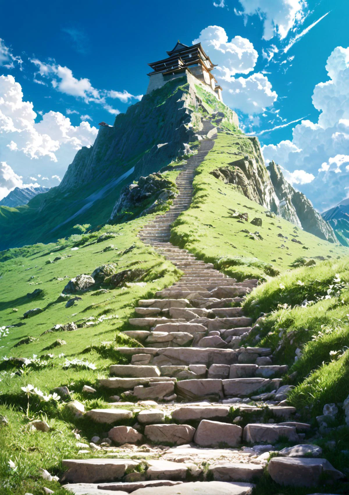 SDXL_2D_Zip, high resolution image of <lora:detailed_backgrounds_v2:1> absurdres best quality anime aesthetic image of below view of narrow stone step path in a very tall mountain leading up to the clouds in blue sky
