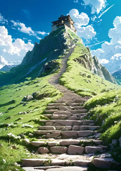 SDXL_2D_Zip, high resolution image of  <lora:detailed_backgrounds_v2:1> absurdres best quality anime aesthetic image of below view of narrow stone step path in a very tall mountain leading up to the clouds in blue sky