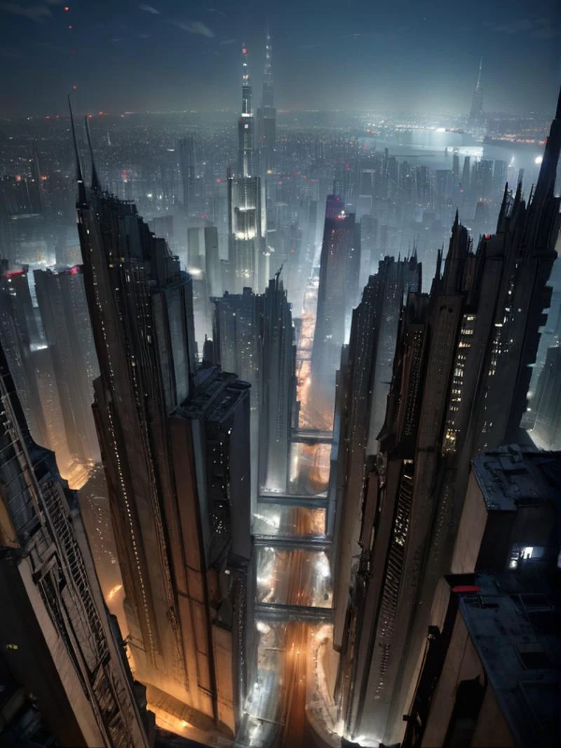 Photo-realistic high resolution photography of <lora:Hive_City_XL:0.8> arial view of a row of massive brutalist Skyscrapers standing in a bottomless chasm in the dead of night, bokeh, LDSR, Depth of Field