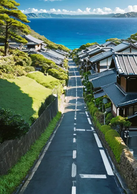 SDXL_2D_Zip, high resolution image of  <lora:detailed_backgrounds_v2:1> absurdres best quality anime aesthetic image of a japanese concrete road lined with traditional houses, a view leading to the blue ocean