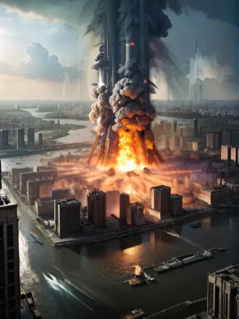 Photo-realistic high resolution photography of <lora:Hive_City_XL:0.8> thermal nuclear exploision in the heart of a massive hive city in the middle of a river, flash, countless tall brutalist skyscrapers in the midst of disintegration, bokeh, LDSR, Depth of Field
