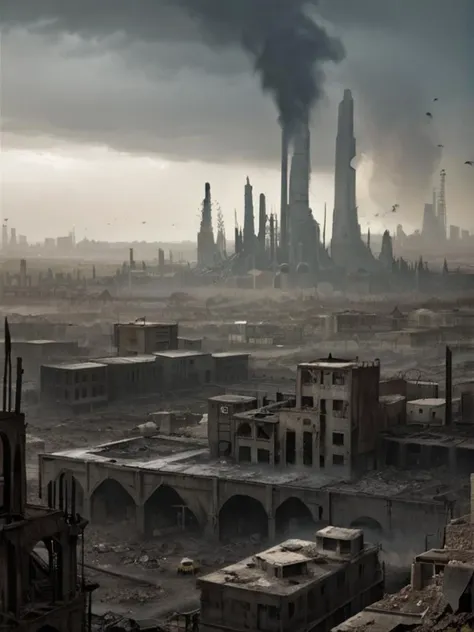 Photo-realistic high resolution photography of  <lora:Hive_City_XL:0.8> hive city cityscape in the center of a blasted wasteland, polluted grey sky, bokeh, LDSR, Depth of Field