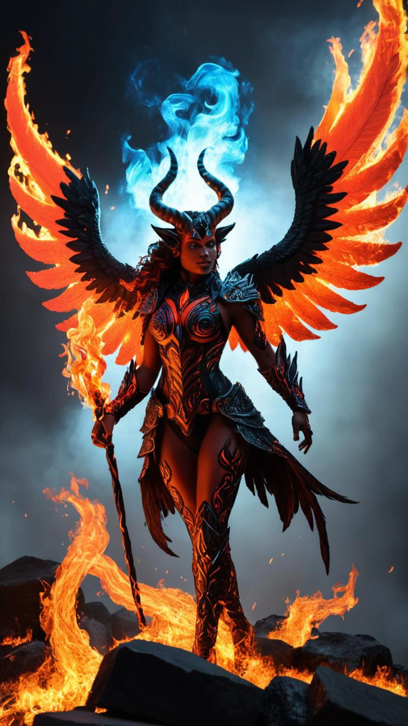 female fire elemental, glowing, fire, embers, body of red flames, wings of flue flames,
black obsidian horns, black obsidian eyes, glowing red skin,
floating in mid air,
masterpiece, intricate details, very detailed, high quality, full_body, (full body shot:1.3), whole body, vibrant colors, photograph, realistic, dramatic lighting, rim lighting,
<lora:perfect hands:1> Perfect Hands,
<lora:more_details:1>,