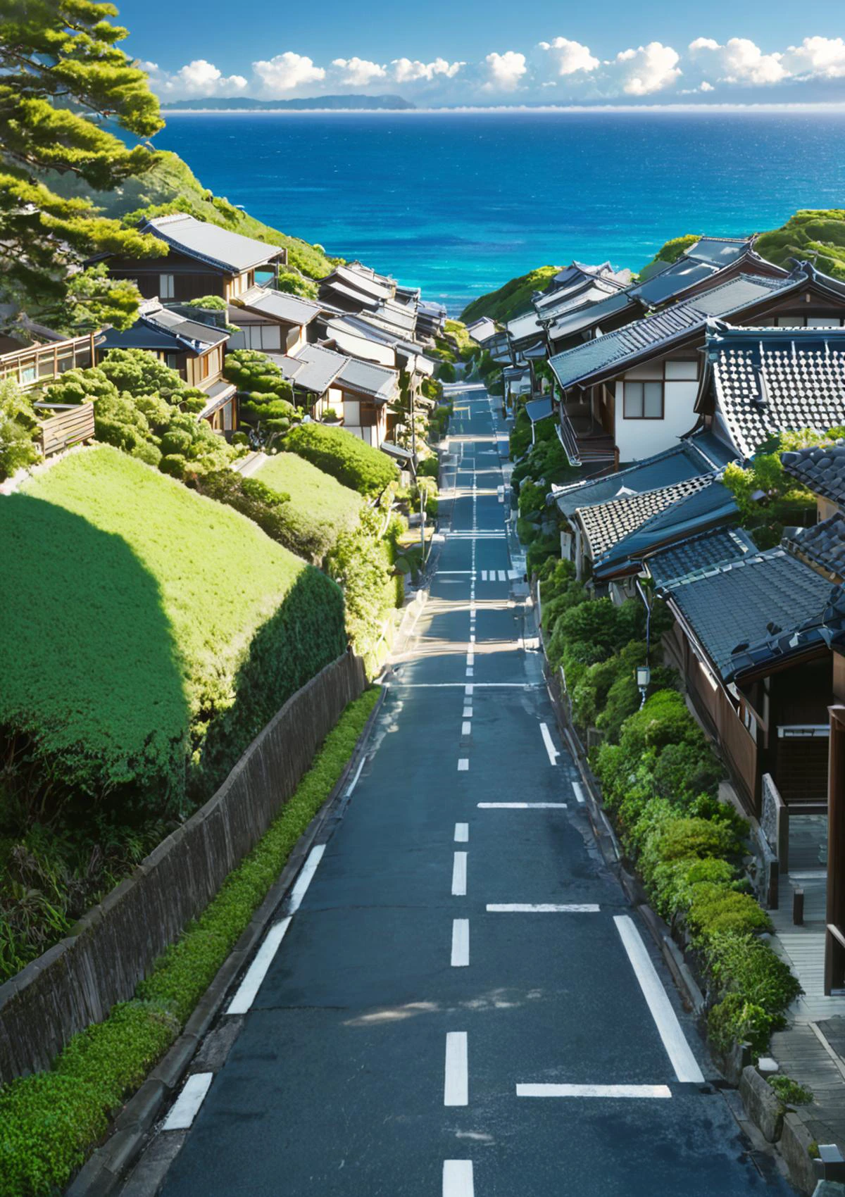 SDXL_2D_Zip, high resolution image of <lora:detailed_backgrounds_v2:1> absurdres best quality anime aesthetic image of a japanese concrete road lined with traditional houses, a view leading to the blue ocean