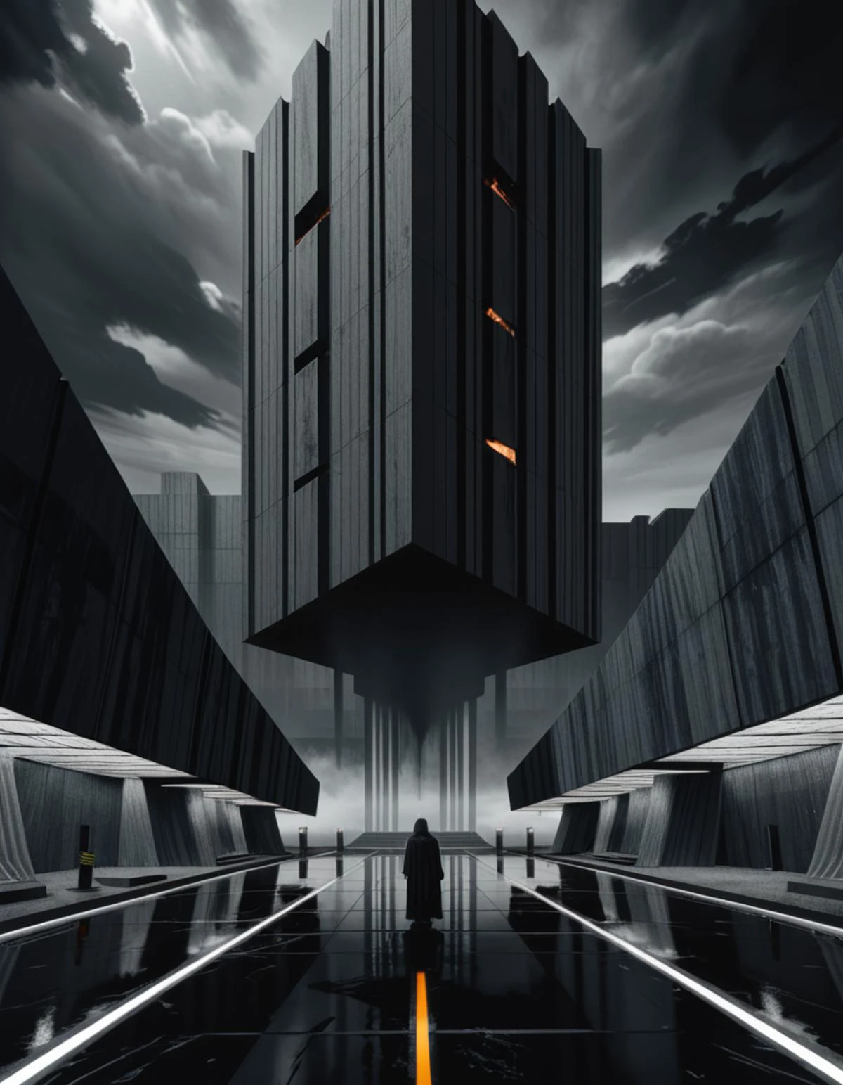 Fruits, Vegetables, horror-themed Wide angle digital illustration, (Modern very tall building in brutalist style touching the sky:1.3), Vertical lines facade, Recessed rectangular windows, (Black and white contrast:1.2), Symmetrical streetlights, Antenna-like design, (Small human silhouettes:1.3), Grand entrance, Open plaza, Dark background, (Ghost portal in sky:1.3), Soft front lighting, White reflections, Stark atmosphere, Inspired by 33 Thomas rendering.
Masterpiece,best quality,hi res,8k,hi res,8k,award winning,(sharp focus, intricate, highly detailed), <lora:Brutalism:1> Brutalism <lora:EdobHorrorLandscape_XL_v1.0:1> EdobHorrorLandscape, eerie, unsettling, dark, spooky, suspenseful, grim, highly detailed
