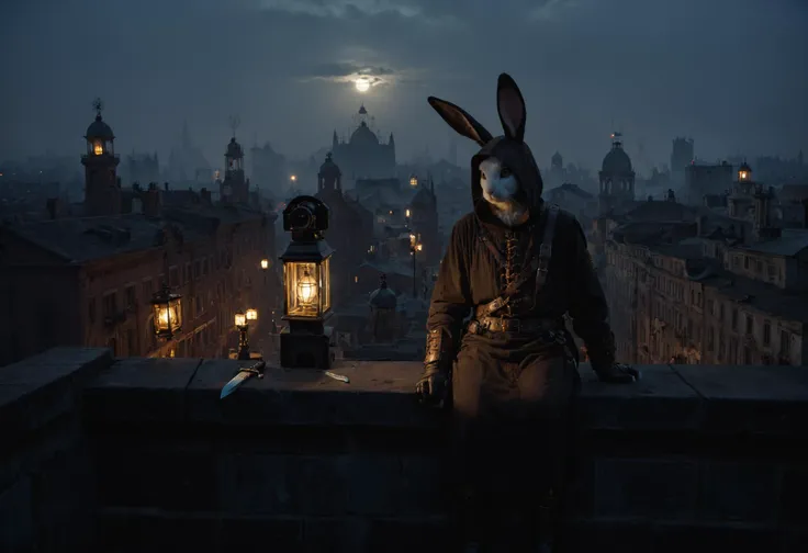 score_9_up,score_9,score_8_up,score_8,score_7_up,score_7,IRL,fantasy,photo,unreal engine 5,an anthropomorphic rabbit,black rabbit fur,anthro rabbit,a shadowy figure cloaked in a black and runed hood,a shadowy thief,nigh time steampunk city,perched on a ledge over-looking a dark steampunk city full of smoke and ash and soot,wielding a dagger gliting in the light,a roman style gladiator,dimly lit by fire lanterns,contrasts,darkness,shot from above,looking down,character not looking at camera,steampunk,looking away,<lora:merged:0.7>,night,dark,dark background,Low-key lighting,atmospheric haze,volumetric haze and fog,global illumination,