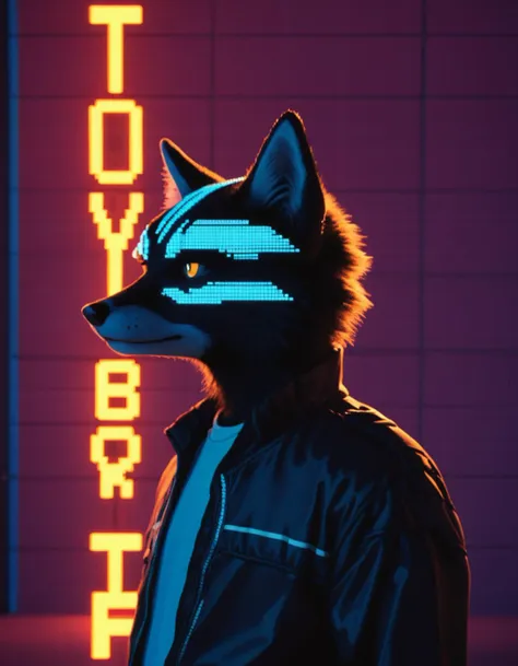 cinematic portrait of vaporwave style anthropomorphic fox,anthro fox,standing,fox fur,black fur with silver highlights and streaks and stripes, . retro, neon, pixelated, nostalgic. 85mm lens, f/1.8, dramatic side lighting, moody atmosphere