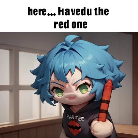 score_9, score_8_up, 1girl, solo, <lora:hauntedBeanPlushieThatWill_v10:1> haunted bean plushie, <lora:NSRedOneMeme:1> NSRedOneMeme, upper body, holding, english text, from side, looking at the viewer, blue hair, green eyes, white shrit