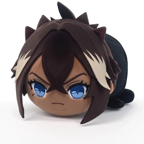 end_plushie_morph, haunted bean plushie, 1girl, solo, blue eyes, chibi, animal ears, white background, dark skin, dark-skinned female, gloves, simple background, multicolored hair, black hair, fingerless gloves, looking at viewer, black pants, streaked hair, bangs, black gloves, pants, halterneck, full body, criss-cross halter, crossed bangs, midriff, brown hair, slit pupils, plushie, felt, made of felt, fabric toy, made of fabric, fabric texturee BREAK score_9, score_8_up, score_7_up, score_6_up, score_5_up, score_4_up,