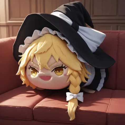 score_9, score_8_up, score_7_up, score_6_up, score_5_up, score_4_up, haunted bean plushie, kirisame marisa, blonde hair, yellow eyes, single braid, witch hat, white ribbon, couch