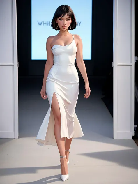 Realistic photo of a beautiful b3ll1h woman, 1girl,breasts,looking at viewer,short hair,multiple girls,black hair,dress,bare shoulders,standing,full body,shoes,solo focus,white dress,lips,white footwear,strap slip,walking,realistic, soft lighting, professional Photography, Photorealistic, detailed, RAW, analog, sharp focus, 8k, HD, high quality, masterpiece<lora:b3ll1h:1.0>