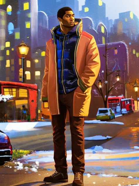 digital illustration, full body, bloom, film grain, facing viewer, extremely handsome, African American male, city background, smooth, cinematic lighting, (winter streetwear:1.5), detailed eyes, (masterpiece, best quality, high detail, high quality:1.5)