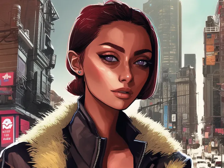 cmodel, digital illustration, cinematic lighting, smooth, mfs shot, best quality, high detail, masterpiece, high quality, streetwear, bloom, film grain, detailed eyes, beautiful face, (skinny:1.2), (young female:1.3), city background