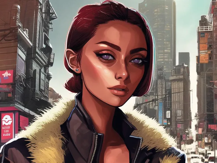 cmodel, digital illustration, cinematic lighting, smooth, mfs shot, best quality, high detail, masterpiece, high quality, streetwear, bloom, film grain, detailed eyes, beautiful face, (skinny:1.2), (young female:1.3), city background