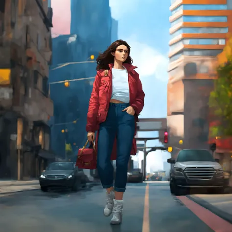 digital illustration, cinematic lighting, smooth, hyper-realistic, mfs shot, best quality, high detail, masterpiece, high quality, Russian winter streetwear, (midriff:1.3), bloom, film grain, detailed eyes, beautiful face, (skinny:1.2), (young female:1.3), city background
