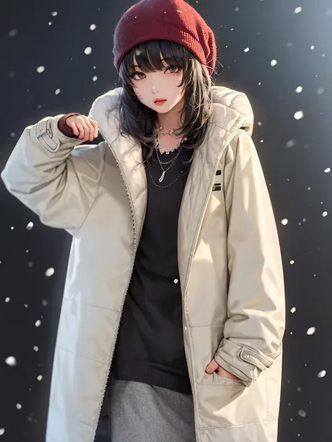 1girl, hand_in_pocket, solo, brown_eyes, hat, lips, necklace, clothes_writing, long_sleeves, coat, snow, (interview:1.2), (dark background),(detailed face),