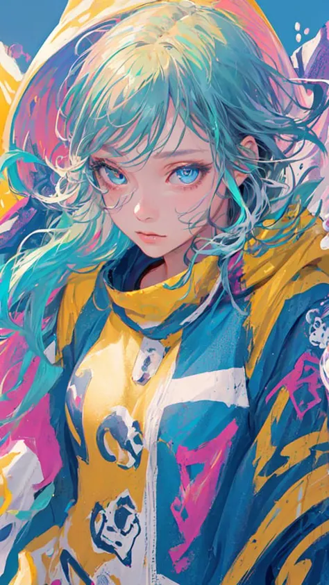 a painting of a girl with blue hair and a yellow jacket