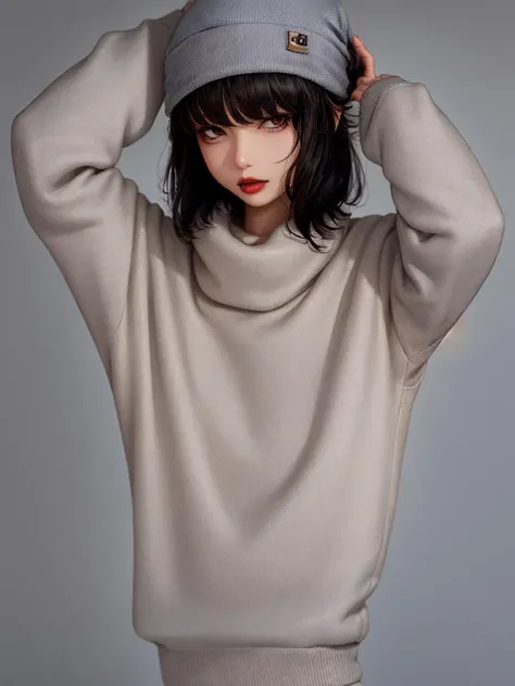 1girl, solo, hat, grey_background, lips, beanie, upper_body, black_hair, long_sleeves, photo_\(medium\), sleeves_past_wrists, red_lips, realistic, looking_at_viewer, bangs