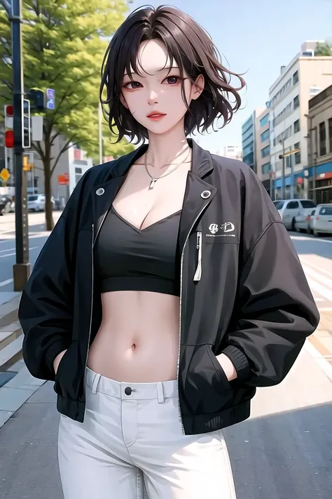 u;gPu;(,(masterpiece),(best quality),highres,incredibly absurdres,absurdres,very_high resolution,original,intricate details,hyper detail,ultra-detailed,exquisite detailed, extremely delicate,intricate delicate,hyper delicate,UHD wallpaper,colorful,HDR,(illustration),
Nri\Y4,(1girl),(solo),
(perfect detailed beautiful girl),teengirl,korea,korean_idol_style,model,sexy,sexually suggestive,seductive,dynamic angle,(cowboy shot),portrait,face_focus,looking at viewer,standing,(hands in pocket),dynamic pose,
(perfect detailed beautiful hair),shiny hair,glossy hair,black hair,forehead,short hair,messy hair,swept bangs,undercut,colorful highlights,
(perfect detailed beautiful eyes),red eyes+bright_pupils,sharp_eyelid+eyeliner+eyelashes+dark_red_eyeshadow,
(perfect detailed beautiful face),(lipgloss+[red_lips:0.8]),high_nose,expressionless,parted lips,
(perfect soft tender delicate white skin), glossy skin,skinny,pale skin,(shiny skin),
(perfect body shape),[abs:0.8]+[muscular female:0.8],narrow waist,wide hips,perky_breasts,collarbone,navel,cleavage,
(perfect detailed beautiful clothes),jewelry,necklace,black jacket, open_clothes, open_jacket,white crop top,white_pants,
ryeHQI_qW:fofo,(detailed beautiful scene),scenery,landscape,(emphasis_outlines),depth of field,dramatic visual effect,tyndall effect,visual impact,building, city, cityscape, day, outdoors, street, tree,
