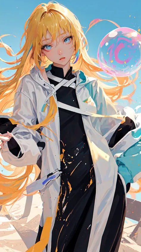 (masterpiece), (best quality), (ultra detailed),(disheveled hair),(illustration), (1girl), (Fashionable clothing), standing,Fashion model,looking at viewer, (interview), (simple background),beautifuldetailedeyes,delicate beautiful face,Floating,(high saturation),(colorful splashes),colorful bubble,(shining),focus on face,(realistic:1.2)