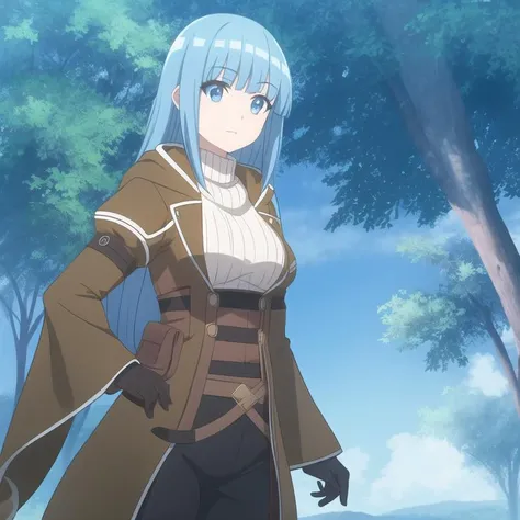 bofuri-iz, striped sweater turtle neck cloak pants boots belt, blue hair, long hair, blue iris, full body, medium breasts, solo, 1girl, outdoors <lora:bofuri-iz-000003:0.7>