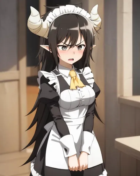 <lyco:r16-kilmaria-NAI-LyCORIS:1>
kilmaria, 1girl, solo, v_arms, wearing (maid uniform, maid headdress), grey eyes,, horns, angry, blushing, open mouth, indoors, very long black hair