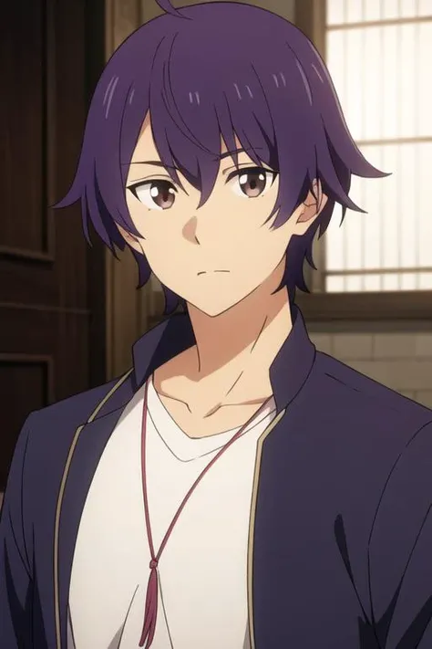 masterpiece, best quality, high quality, 1boy, solo, male focus, looking at viewer, upper body, <lora:shin_wolford:0.62>, shin_wolford, brown eyes, purple hair, , jacket