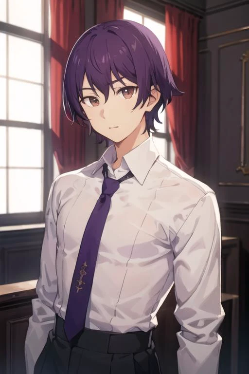 (1 adult male),A high resolution、sharp-focus、Pixiv masterpiece,((complexdetails)),Extremely detailed,natsuki_subaru,Man sits straddled,open open mouth,Purple eyes(Glowing eyes),Short thin purple hair,in a white shirt,Wear a tie and belt,perspire,The viewing angle is from below。