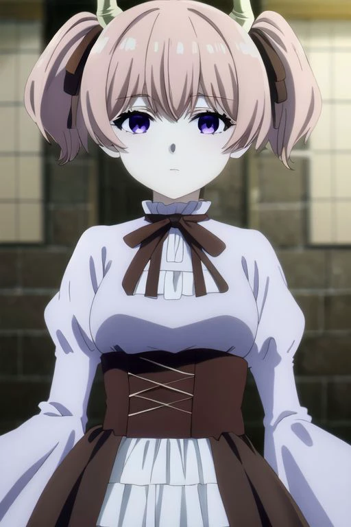 2d anime style, simple shading, no highlight, ((best quality)),((highly detailed)),masterpiece,absurdres,detailed face,beautiful face,(detailed anime eyes, deep eyes),1girl,((dynamic pose)), <lora:animemix_v3_offset:0.8>, detailed character, hand shot pose, cowboy shot, upper body, show her whole body, looking at viewer or camera, below, detailed castle background, day, :>, blurry, breasts, Aissist-supercharge, AissistV2, fine anime screencap, anime screencap, linnie, bangs, (purple eyes:1.1), twintails, hair ribbon, pink hair, horns, black ribbon, demon horns, long sleeves, dress, ribbon, frills, puffy sleeves, black ribbon, juliet sleeves, hands pose, legs, armpits, sexy,