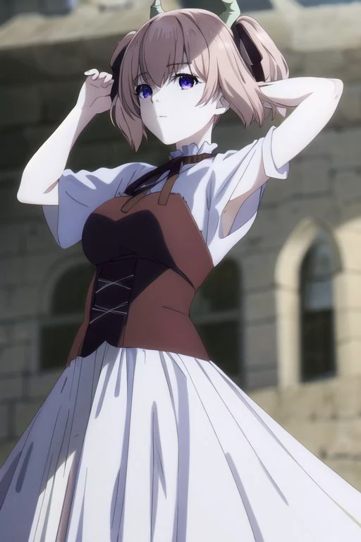 2d anime style, simple shading, no highlight, ((best quality)),((highly detailed)),masterpiece,absurdres,detailed face,beautiful face,(detailed anime eyes, deep eyes),1girl,((dynamic pose)), <lora:animemix_v3_offset:0.8>, detailed character, hand shot pose, cowboy shot, upper body, show her whole body, looking at viewer or camera, below, detailed castle background, day, :>, blurry, breasts, Aissist-supercharge, AissistV2, fine anime screencap, anime screencap, linnie, bangs, (purple eyes:1.1), twintails, hair ribbon, pink hair, horns, black ribbon, demon horns, long sleeves, dress, ribbon, frills, puffy sleeves, black ribbon, juliet sleeves, hands pose, legs, armpits, sexy,