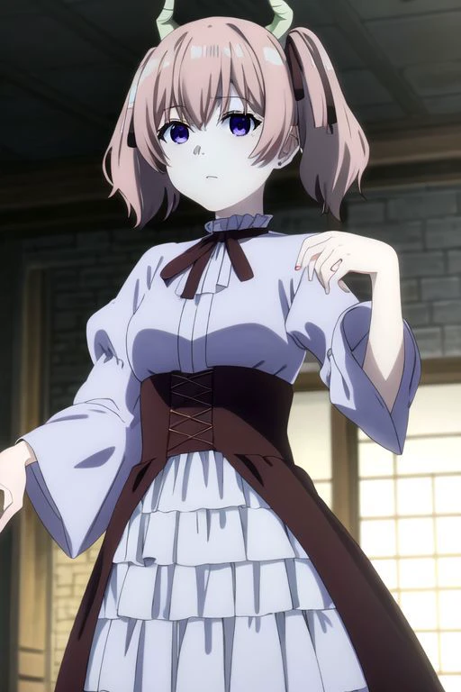 2d anime style, simple shading, no highlight, ((best quality)),((highly detailed)),masterpiece,absurdres,detailed face,beautiful face,(detailed anime eyes, deep eyes),1girl,((dynamic pose)), <lora:animemix_v3_offset:0.8>, detailed character, hand shot pose, cowboy shot, upper body, show her whole body, looking at viewer or camera, below, detailed castle background, day, :>, blurry, breasts, Aissist-supercharge, AissistV2, fine anime screencap, anime screencap, linnie, bangs, (purple eyes:1.1), twintails, hair ribbon, pink hair, horns, black ribbon, demon horns, long sleeves, dress, ribbon, frills, puffy sleeves, black ribbon, juliet sleeves, hands pose, legs, armpits, sexy,