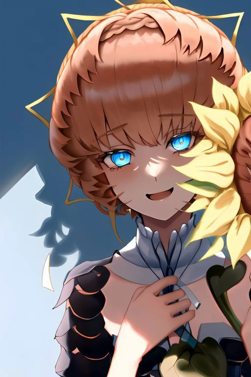 best quality, masterpiece, highres, solo, 1girl,, smile, orange hair, blue eyes, upper body, shadow eyes, nervious, shade face, bright eyes, Hugging sunflowers, close mouth