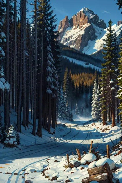 <lora:TonySartV4:1>intricate details, masterpiece, absurdres, best quality, realistic, Highest Quality, dense woods with mountain range