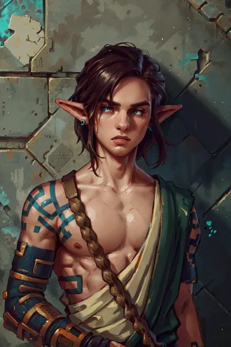 <lora:TonySartV4:1>intricate details, masterpiece, absurdres, best quality, realistic, Highest Quality, <lora:tloz_link_totk-10:1> link \(totk\), 1boy, earrings, tattoo, medium hair, single bare shoulder, tunic