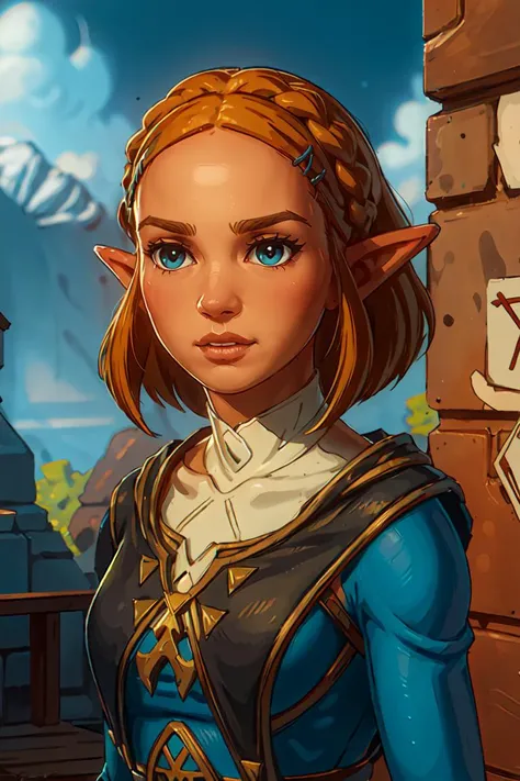 <lora:TonySartV4:1>intricate details, masterpiece, absurdres, best quality, realistic, Highest Quality, <lora:zelda_shorthair_v5:0.75> zelda\(princess\), 1girl, hair_ornament, hairclip, blue_shirt