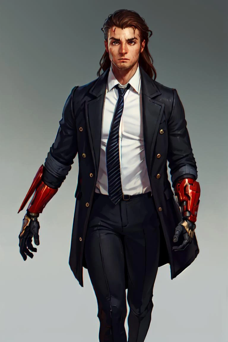 <lora:TonySartV4:1> TonySart, intricate details, masterpiece, absurdres, best quality, realistic, Highest Quality, solo, long hair, looking at viewer, simple background, brown hair, shirt, black hair, long sleeves, 1boy, closed mouth, standing, white shirt, male focus, open clothes, necktie, collared shirt, pants, grey background, vest, coat, torn clothes, scar, black pants, black coat, mechanical arms, hair slicked back, green necktie, single mechanical arm
