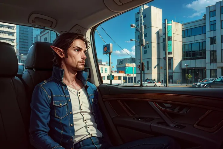 <lora:TonySartV4:1>intricate details, masterpiece, absurdres, best quality, realistic, Highest Quality, elf male, sitting in a (luxury car), door shut, windows down, outside shot