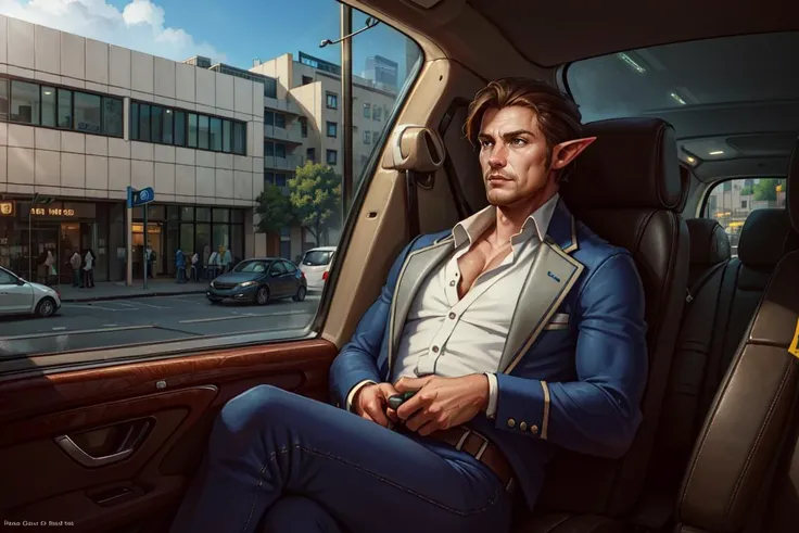 <lora:TonySartV4:1>intricate details, masterpiece, absurdres, best quality, realistic, Highest Quality, elf male, sitting in a (luxury car), door shut, windows down, outside shot