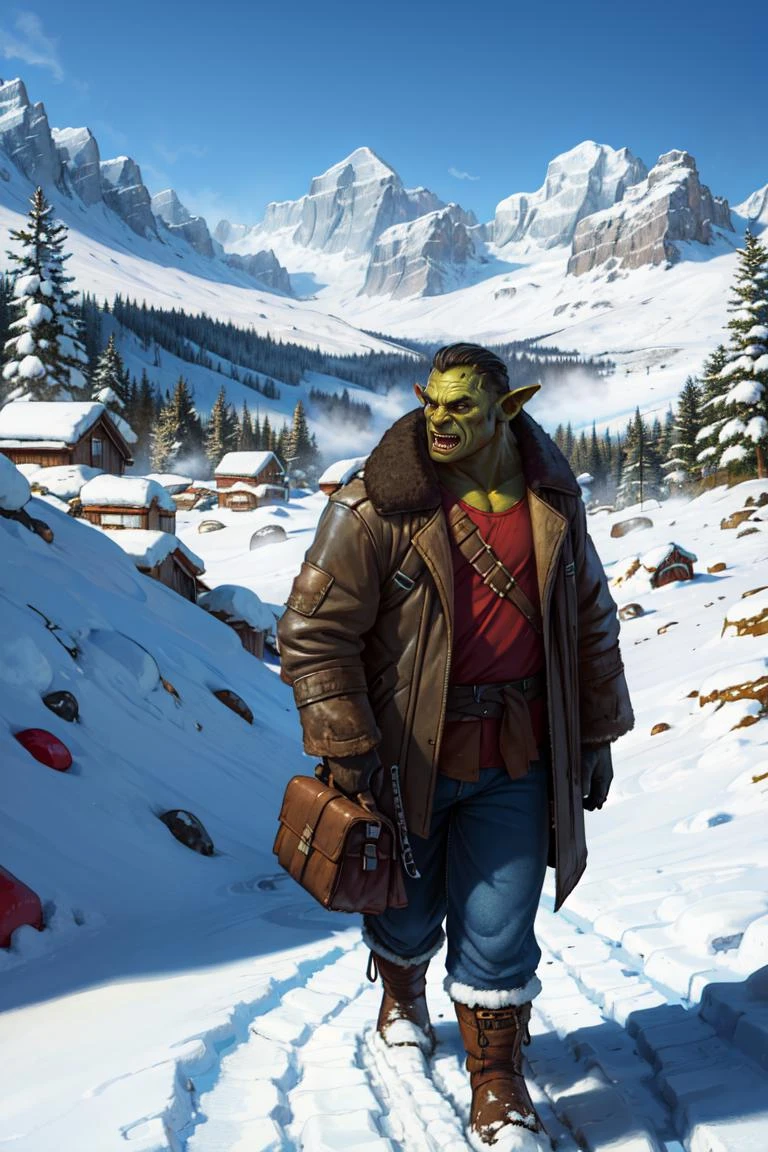 <lora:TonySartV4:1>orc, heavy jacket, snow field, sunny day