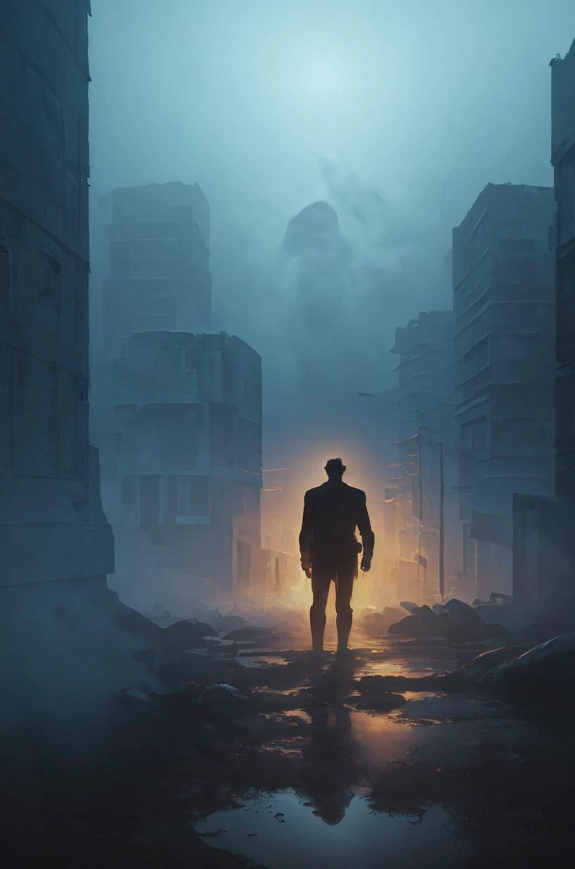 a superhero standing on a road at night with fog and foggy city behind him, Filip Hodas, cinematic photography, a matte painting, photorealism <lora:Dark_Style-000008:0.8>