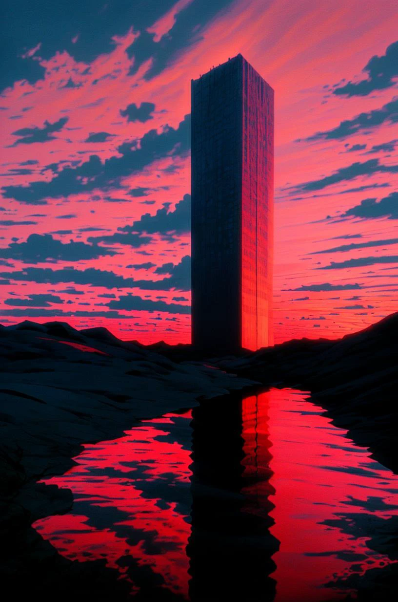 a tall building sitting on top of a lake under a cloudy sky at sunset with a reflection of the sky, Filip Hodas, redshift render, a matte painting, brutalism <lora:Dark_Style-000008:0.8> cinematic lighting, David Park, lights,