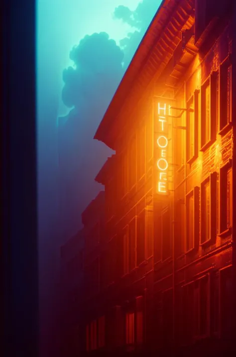 a hotel sign lit up at night in the foggy sky above a building with windows and a sign that reads hotel, Elsa Bleda, atmospheric lighting, concept art, aestheticism <lora:Dark_Style-000008:0.8> cinematic lighting, David Park, lights,