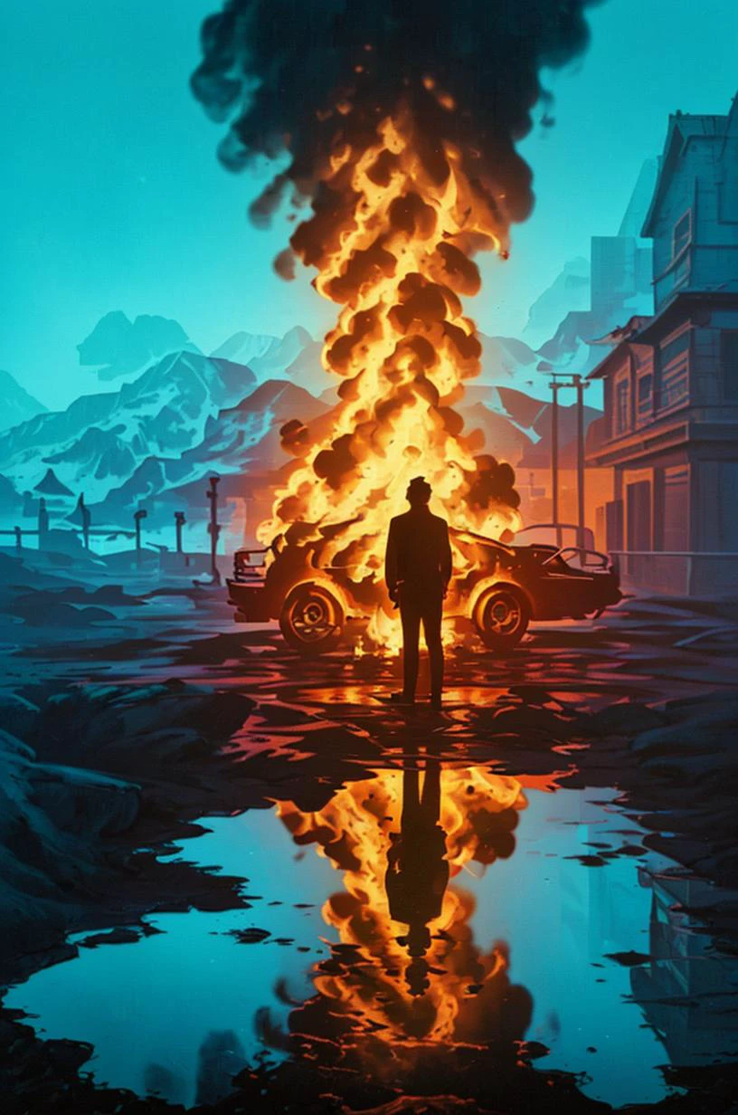 a man standing in front of a fire with a reflection in the water and a car in the background, Elsa Bleda, cinematic photography, an album cover, aestheticism, <lora:Dark_Style-000008:0.8> cinematic lighting, David Park, lights,