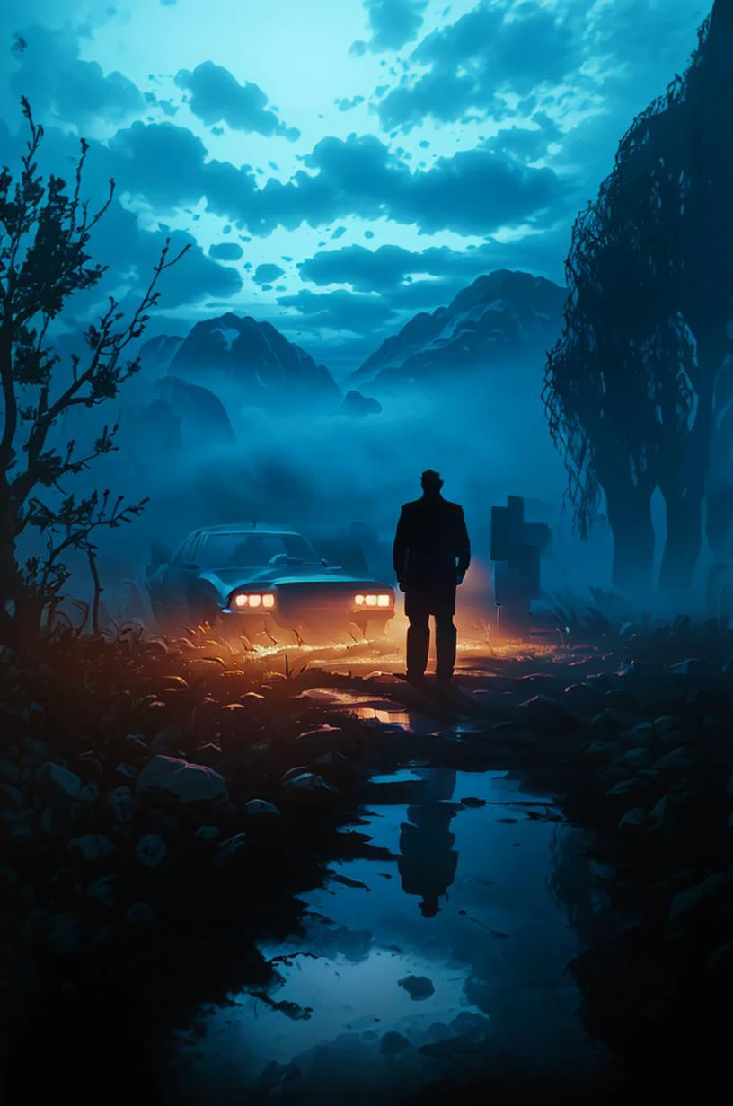a man standing next to a car on a road at night with fog and foggy skies behind him, Filip Hodas, cinematic photography, a matte painting, photorealism <lora:Dark_Style-000008:0.8>