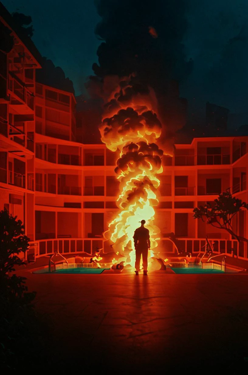 a man standing in front of a fire in a building at night with a pool in the background and a fireball in the air, Anthony Palumbo, vfx, concept art, photorealism <lora:Dark_Style-000008:0.8> cinematic lighting, David Park, lights,