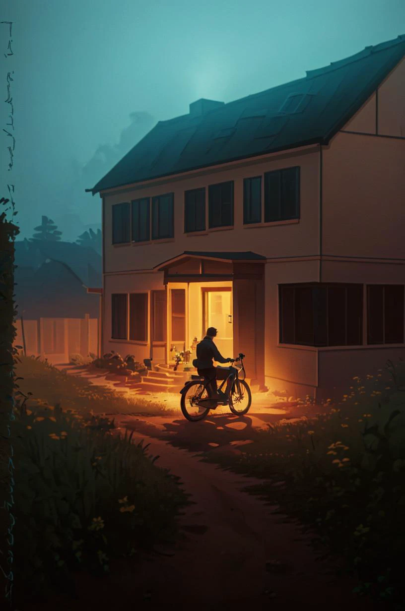 a bike parked on a dirt road next to a house in the grass and a dirt road leading to a house, Artur Tarnowski, shallow depth of field, a tilt shift photo, postminimalism <lora:Dark_Style-000008:0.8> cinematic lighting, David Park, lights,